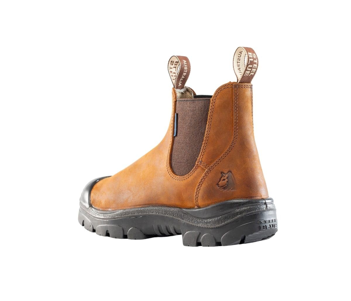 Alternate Angled Back View of Steel Blue Hobart PR Met: Bump Work Boot in Brown