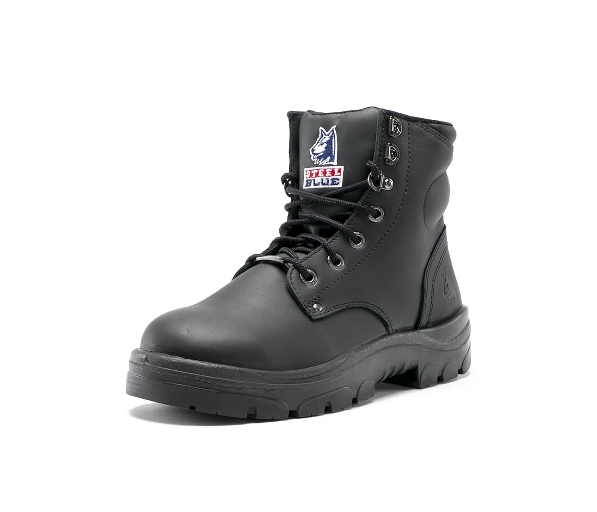 Angled View of Steel Blue Argyle Zip Work Boots in Black