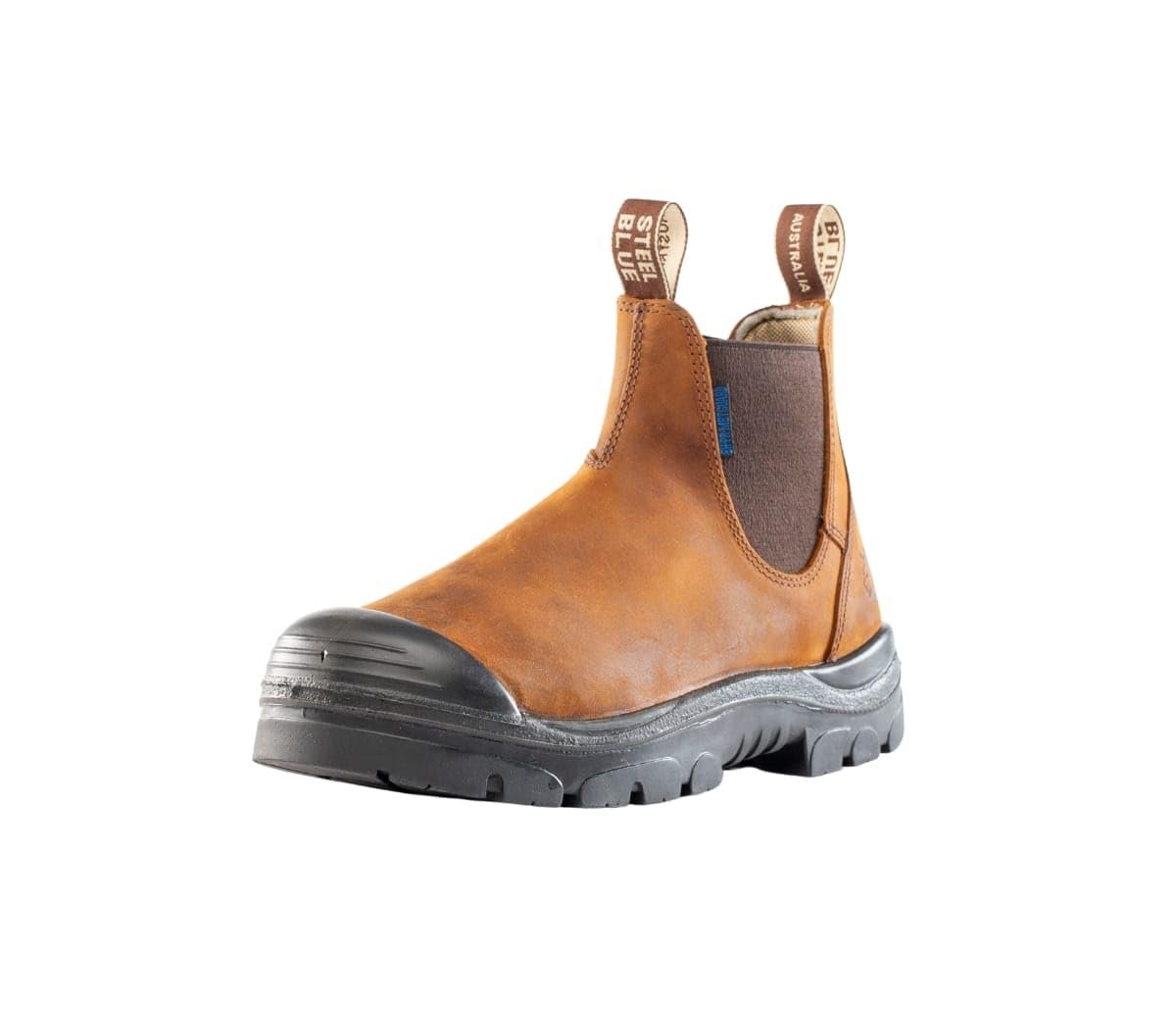 Angled Front View of Steel Blue Hobart PR Met: Bump Work Boot in Brown