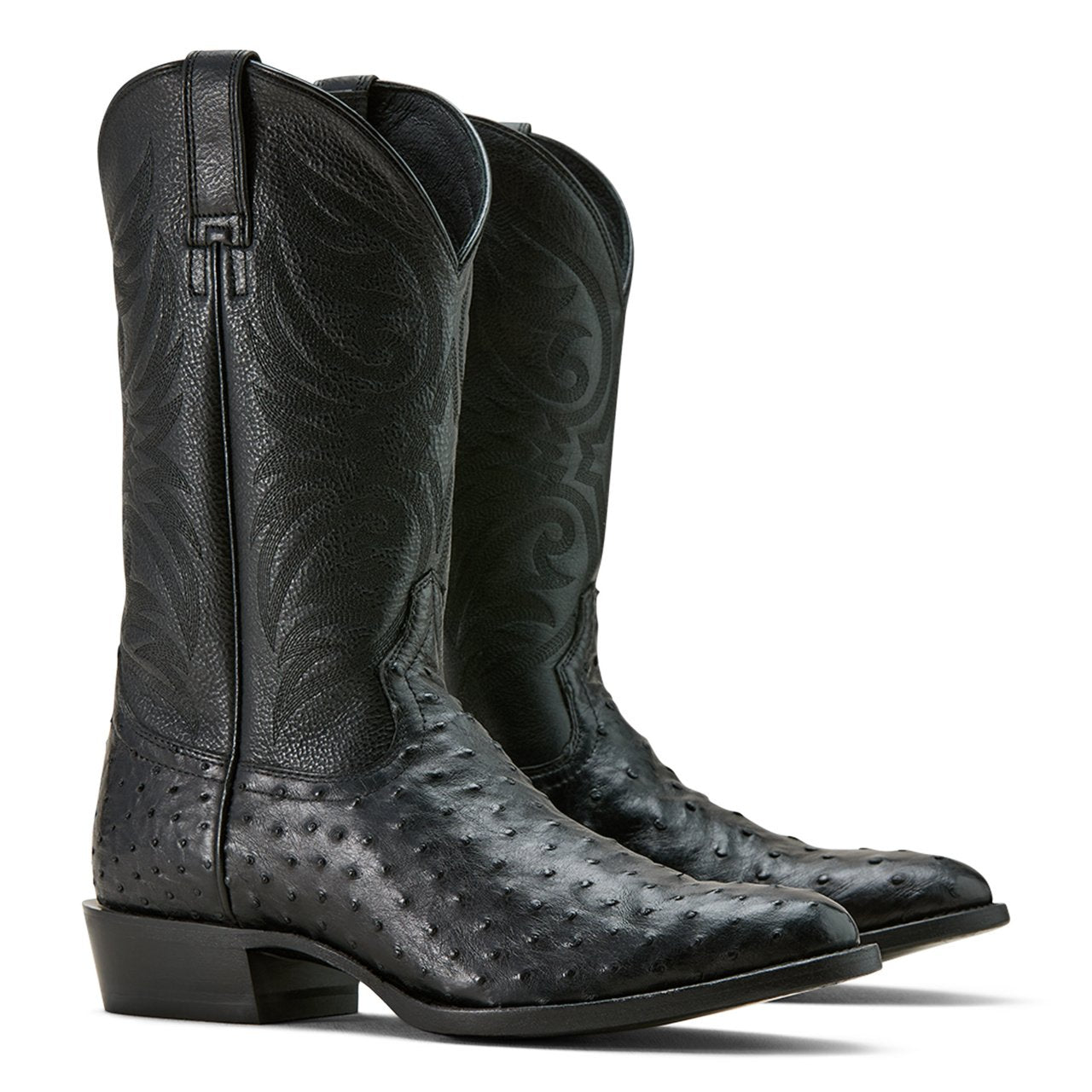 Pair of Ariat Men's Vesper R Toe Cowboy Boots, Black Full Quill Ostrich