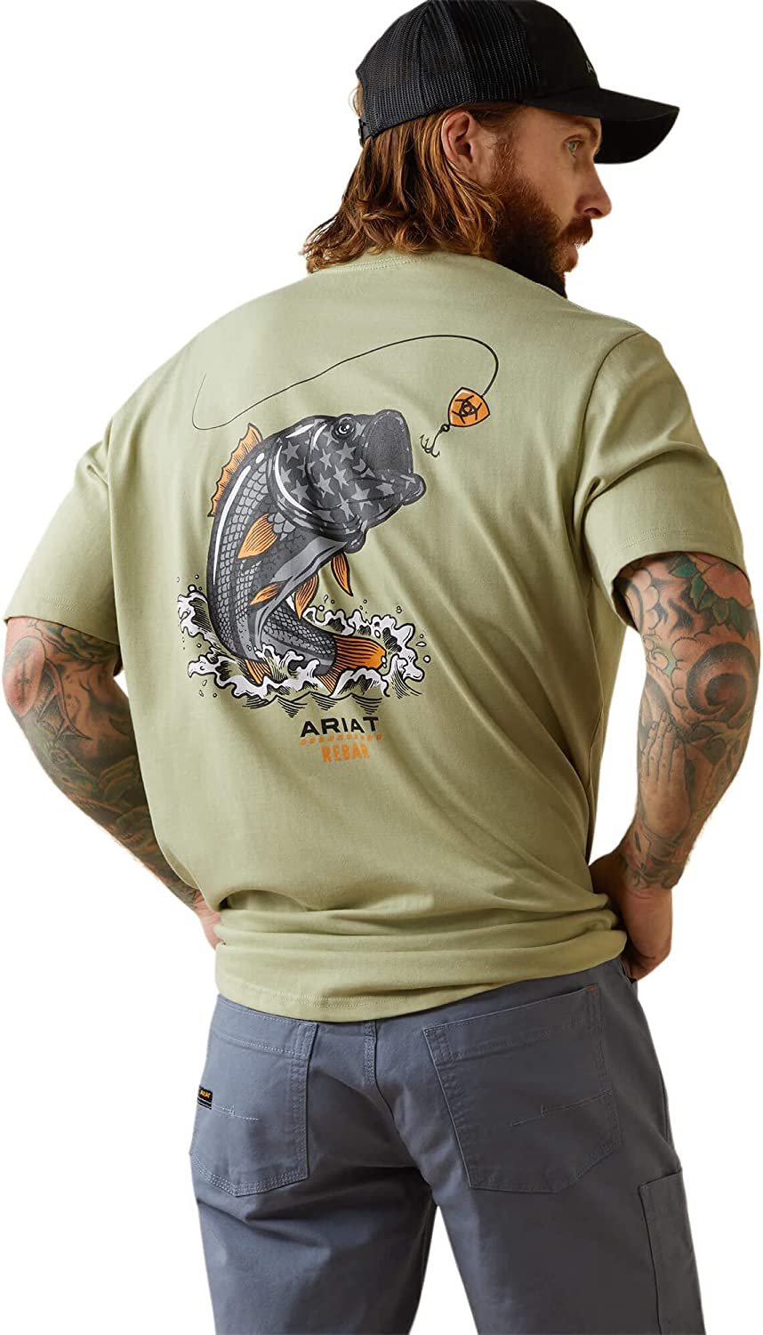 Back of Ariat Men's Rebar Cotton Strong American Bass T-Shirt in Desert Sage Heather