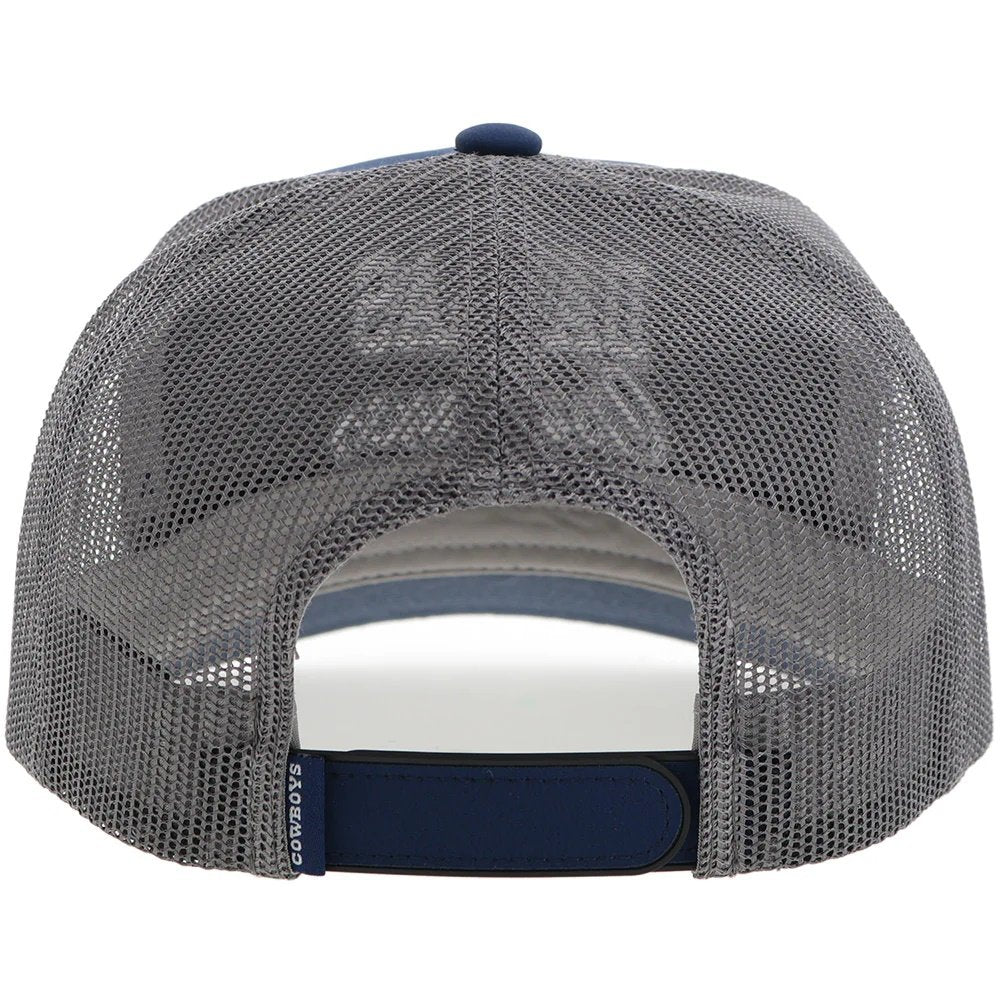 Back view of a gray mesh cap with blue and white accents on a white background