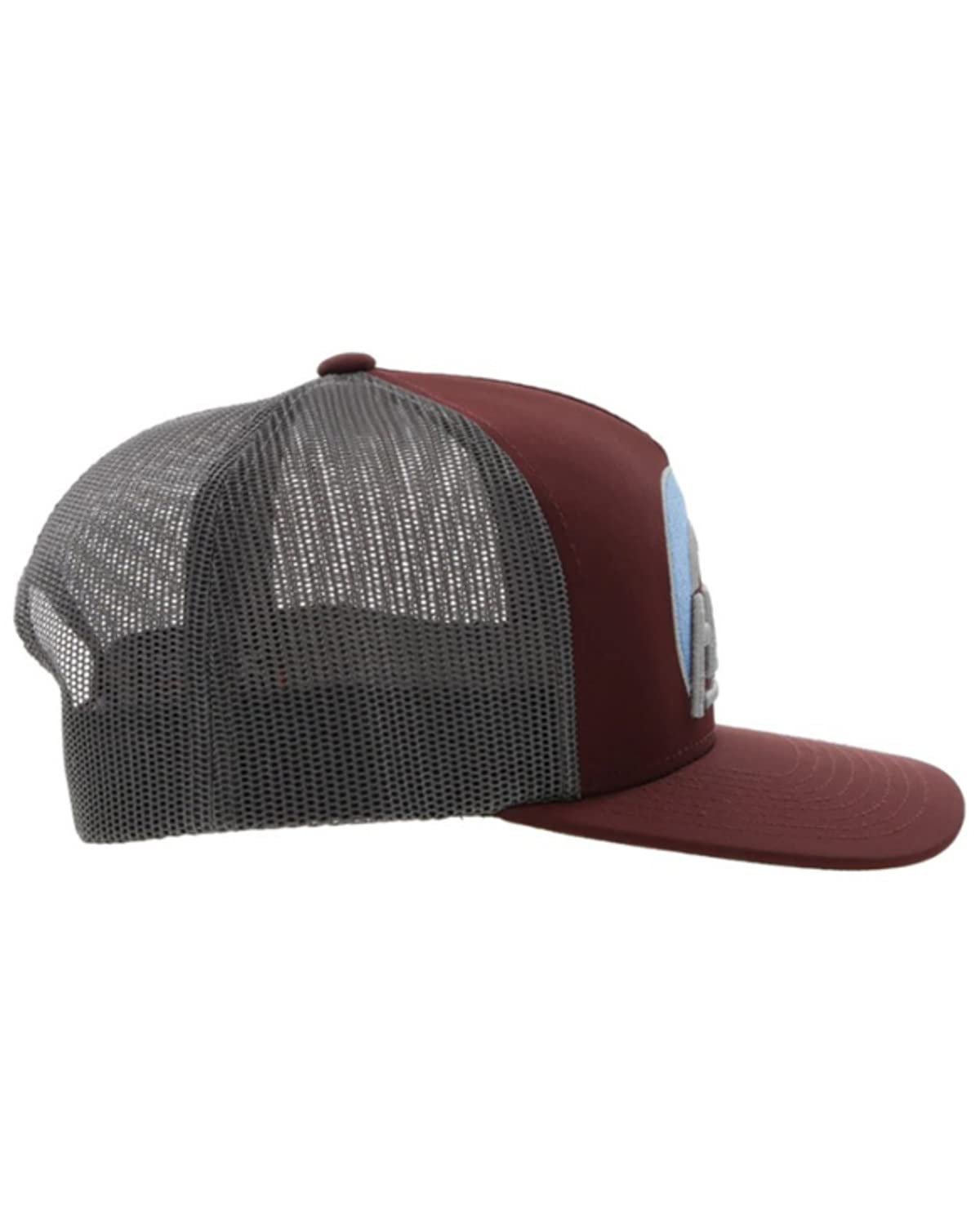 Maroon and gray mesh trucker cap on a white background
