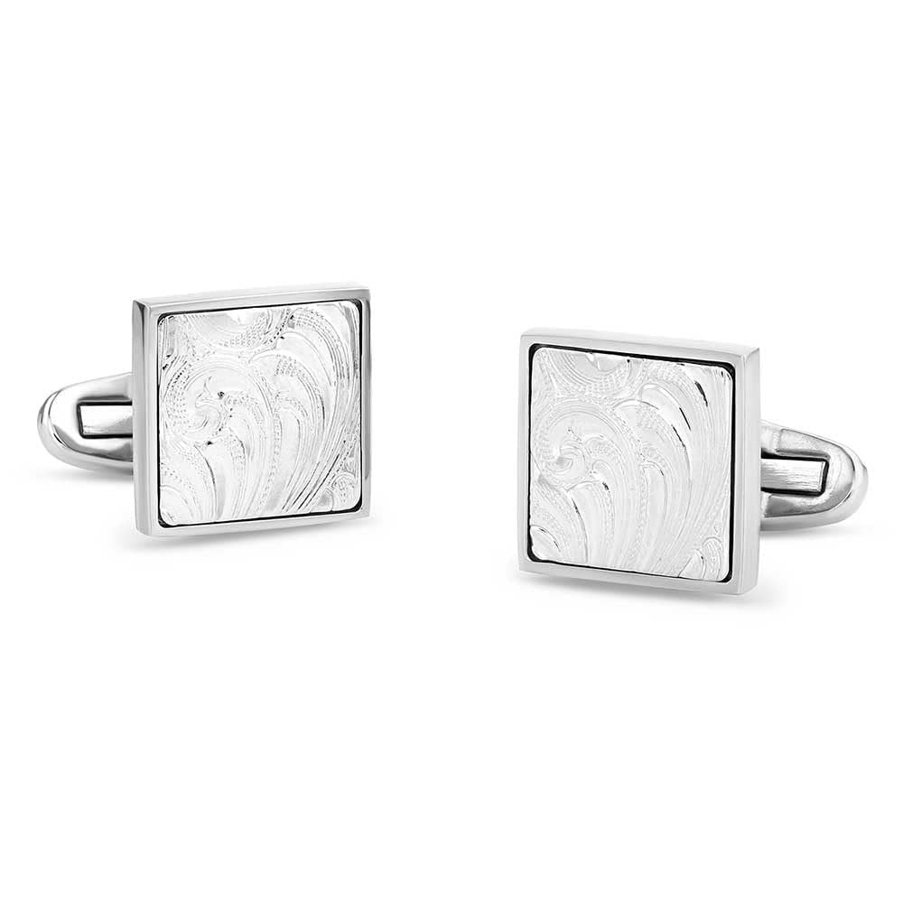 A pair of Classic Engraved Cuff Links with intricate western-style silver engraving, square-shaped with a polished finish