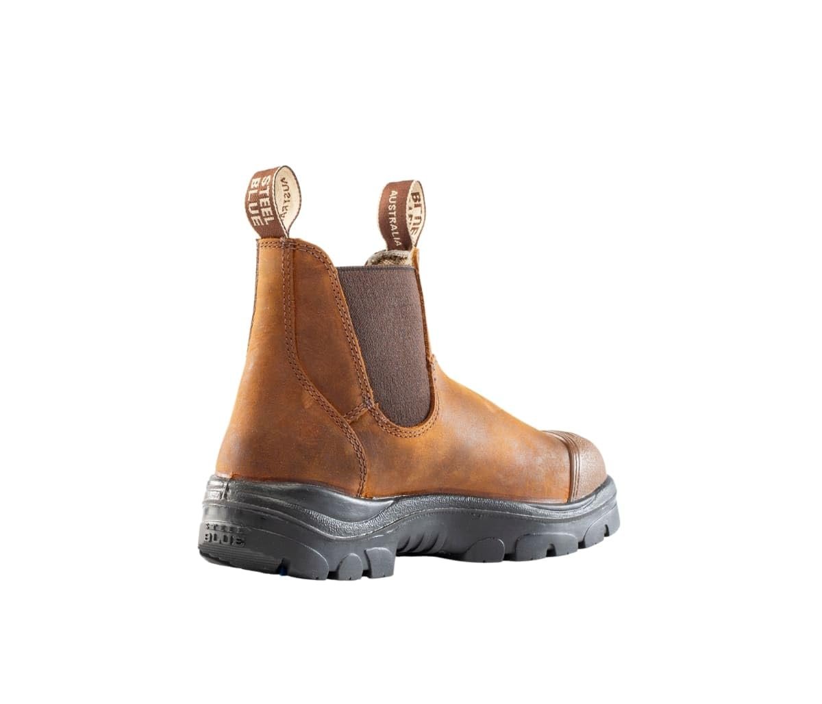 Back Angled View of Steel Blue Hobart: Scuff Cap Work Boot in Brown