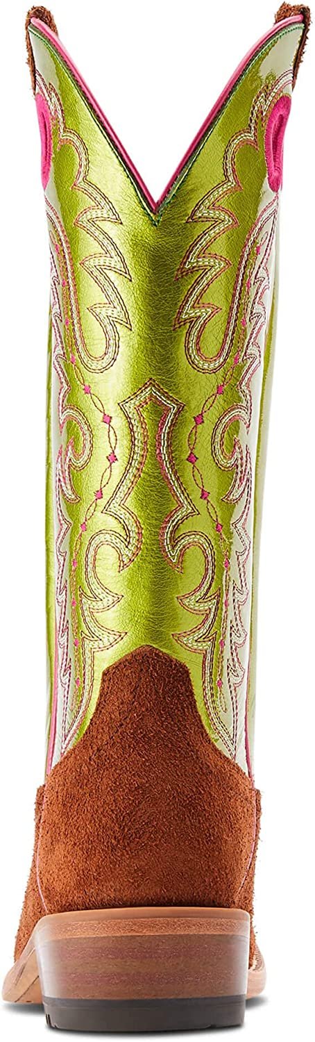 Back of Ariat Women's Futurity Boon Western Boot in Cognac Roughout/Electric Lime