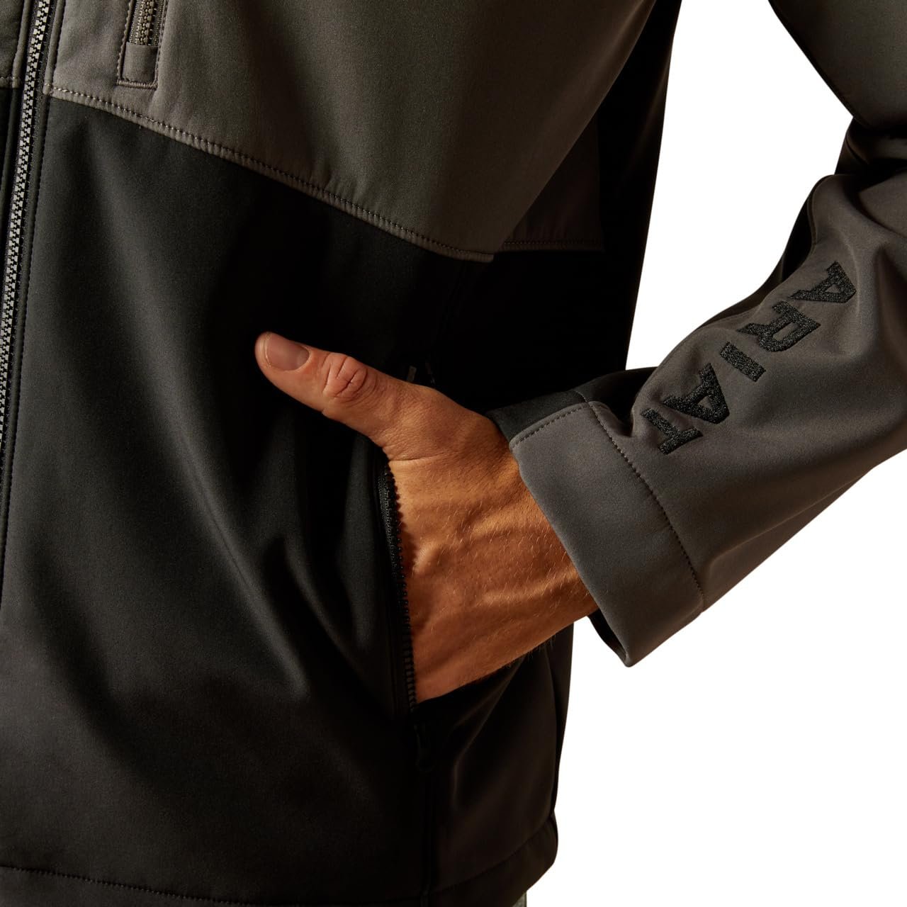 Close-up of Ariat Men's Logan Softshell Jacket in Grey Pocket Detail