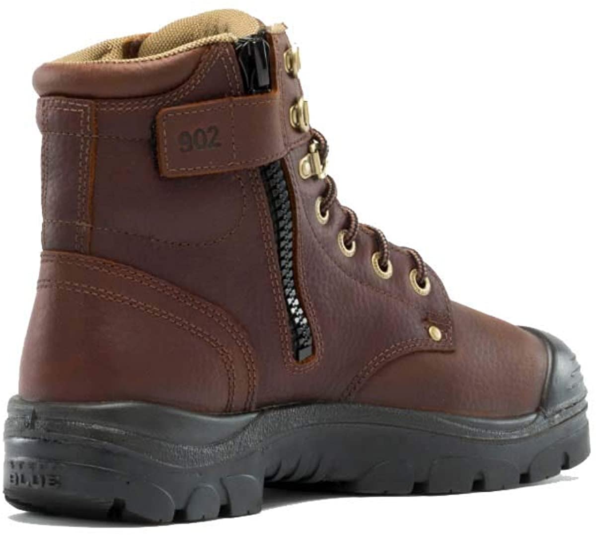 Side of Steel Blue Argyle Zip: Met / PR Midsole / Bump Cap Work Boot in Oak
