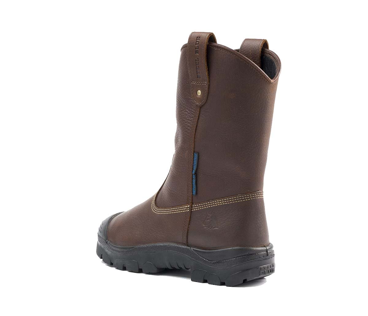 Angled Back View of Steel Blue Heeler Met Bump Cap Safety Boot in Oak