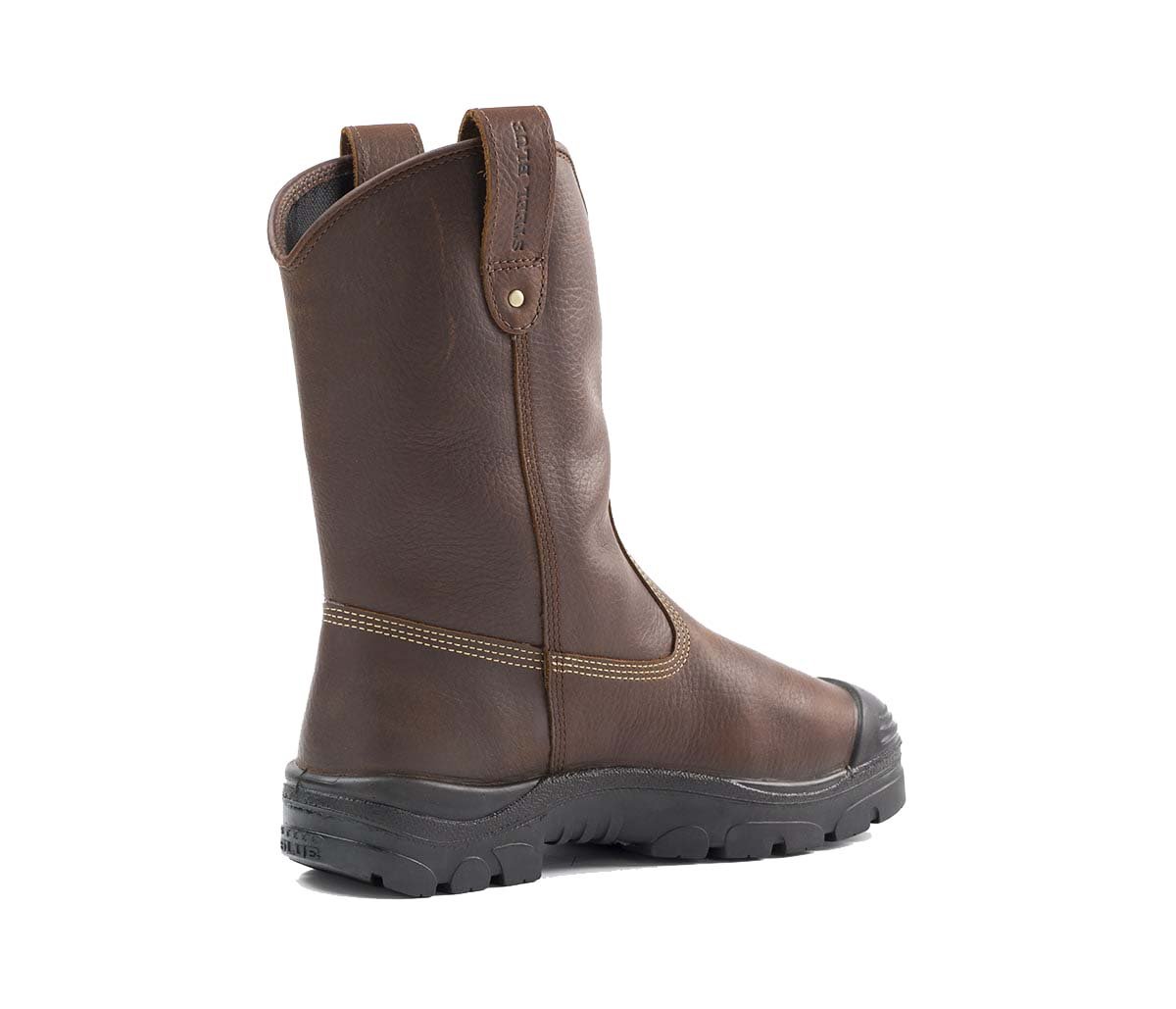 Angled Back View of Steel Blue Heeler Met Bump Cap Safety Boot in Oak