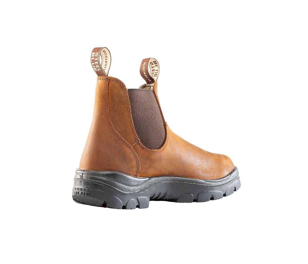 Angled Back View of Steel Blue Hobart: Soft Toe Work Boot in Brown