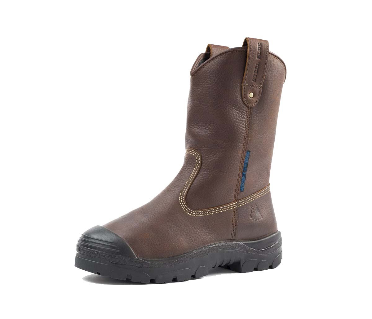 Angled Front View of Steel Blue Heeler Met Bump Cap Safety Boot in Oak