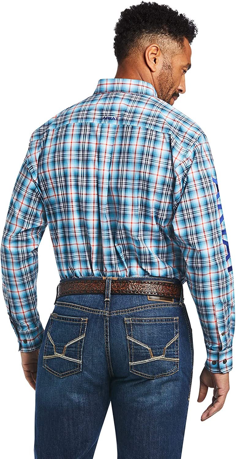 Back View of Man Wearing Ariat Men's Pro Series Team Classic Fit Shirt in Peacoat