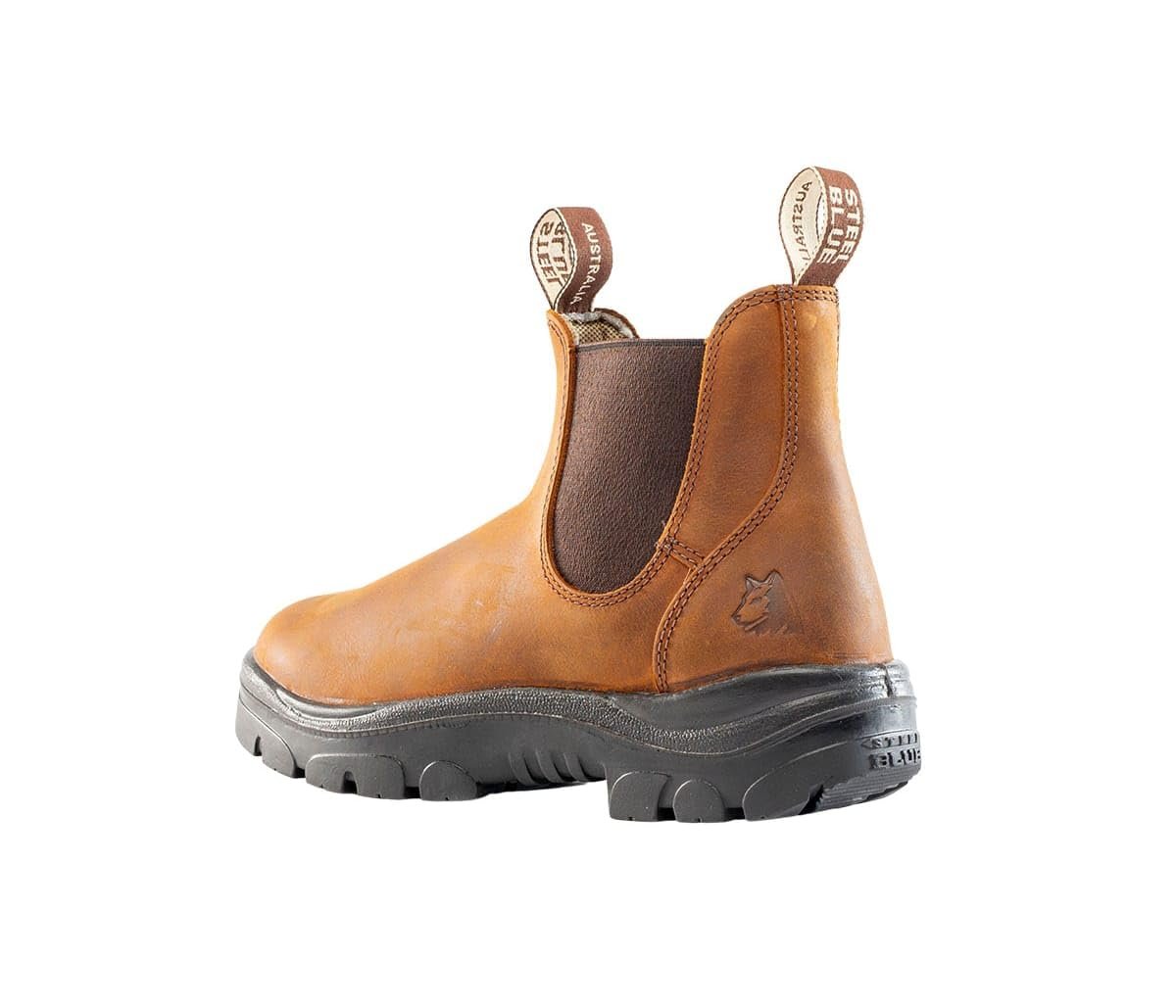 Angled Back View of Steel Blue Hobart: Soft Toe Work Boot in Brown
