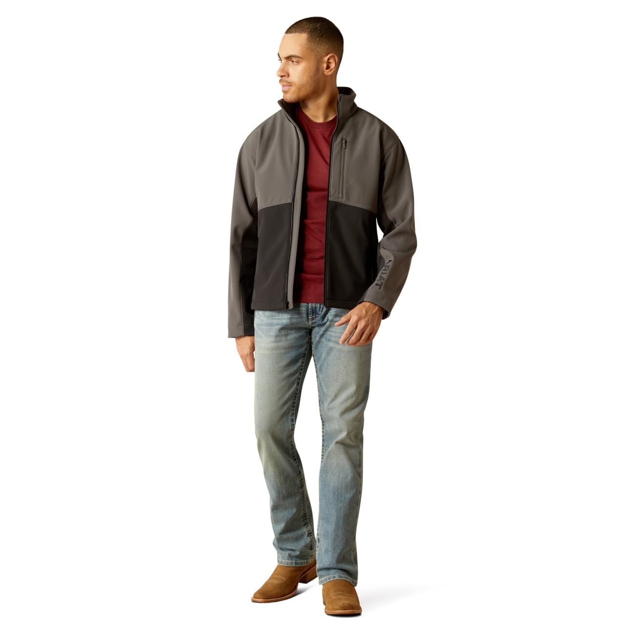 Man Wearing Ariat Men's Logan Softshell Jacket in Grey
