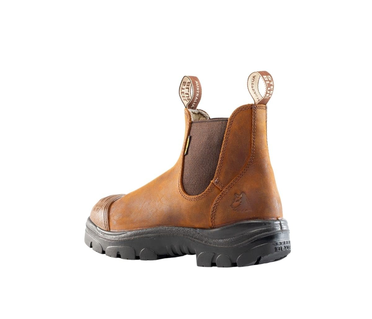 Back Angled View of Steel Blue Hobart: Scuff Cap Work Boot in Brown