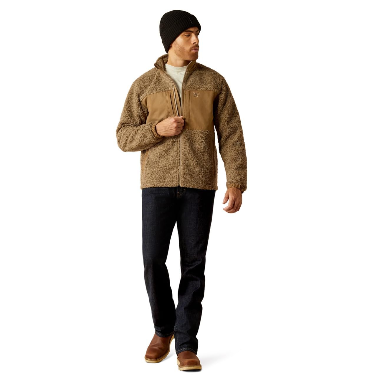 Man Wearing Ariat Men's Odessa Sherpa Jacket in Brindle