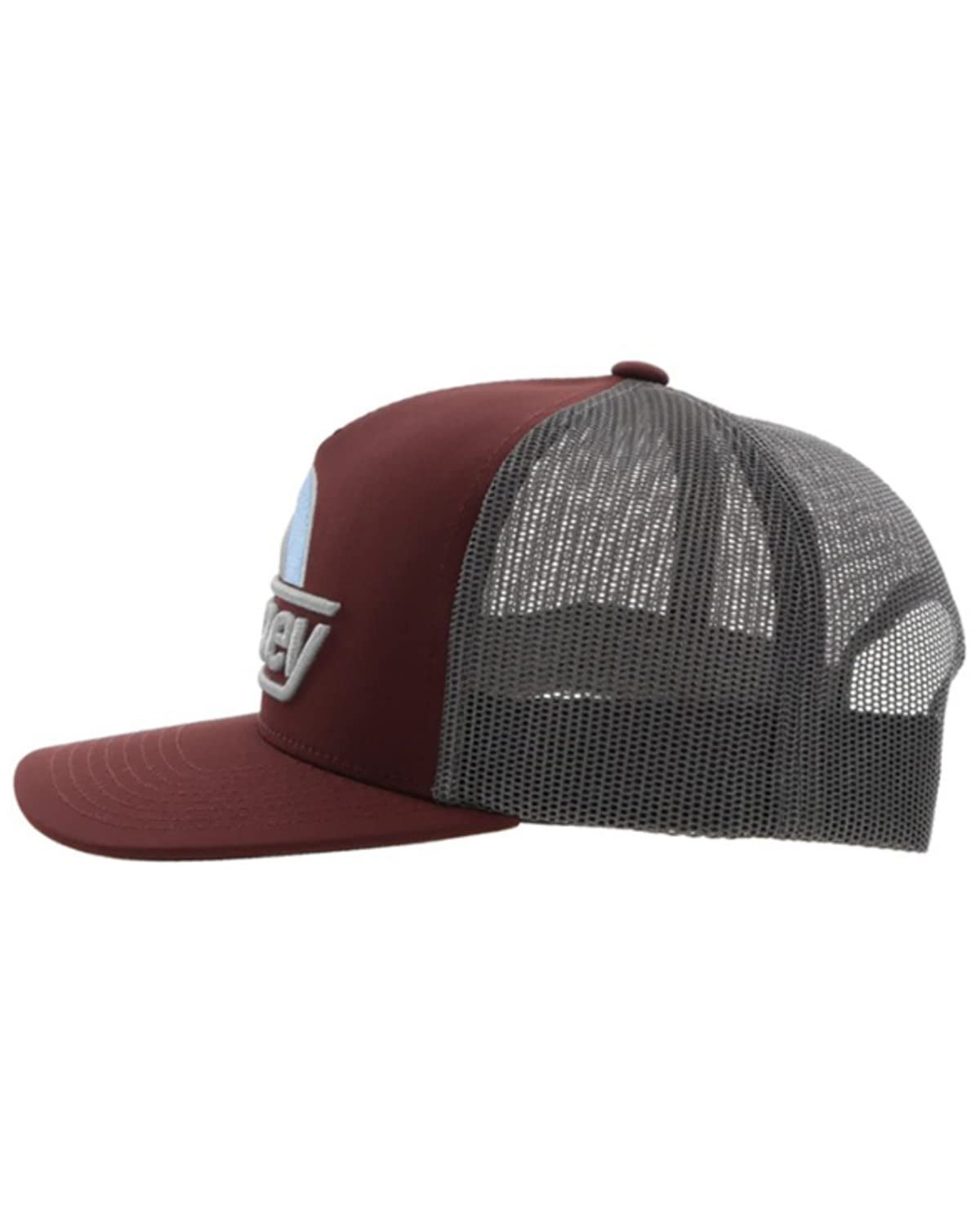 Side view of maroon Hooey trucker hat with structured crown