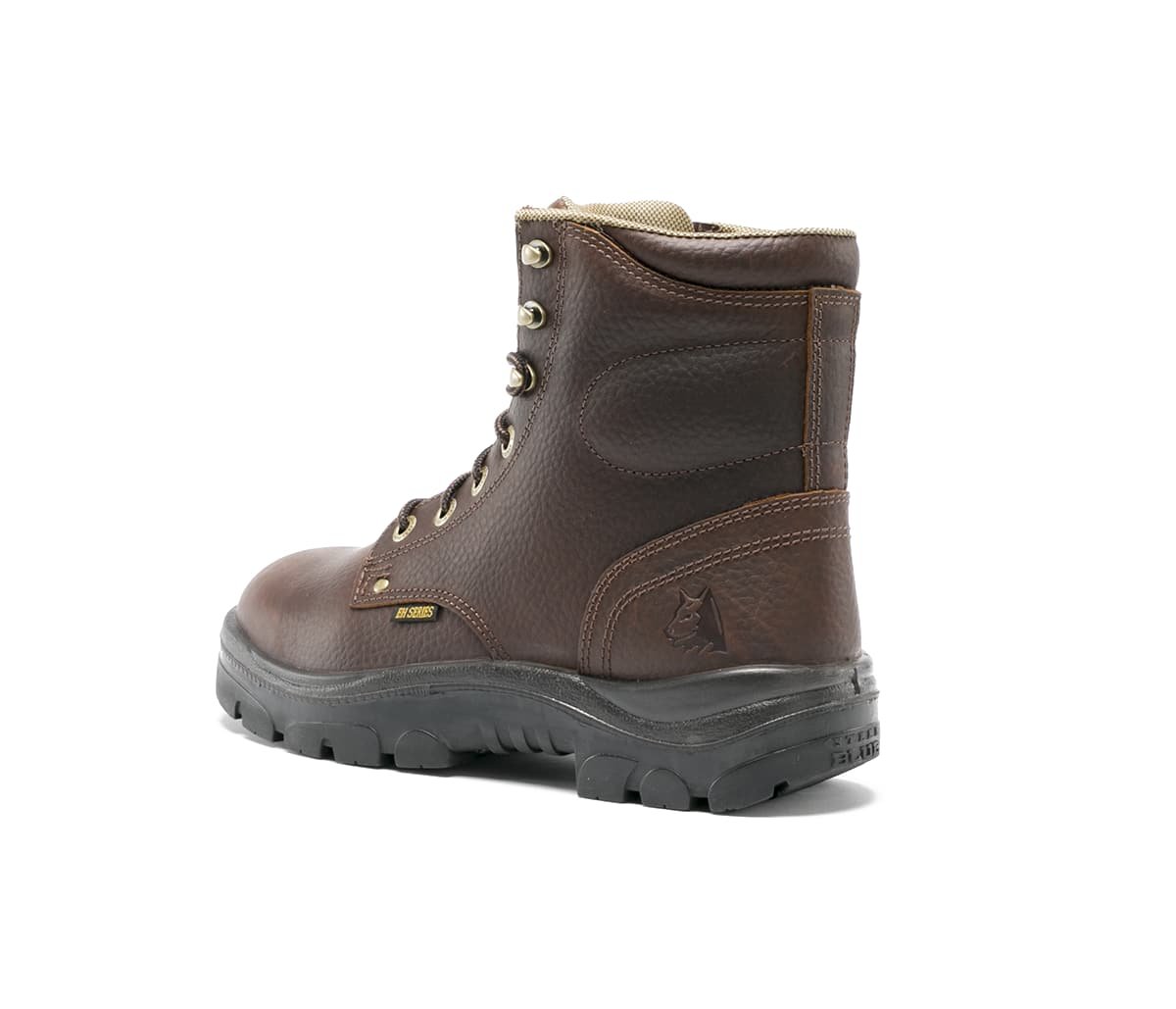 Angled Back View of Steel Blue Argyle Safety Boot in Oak