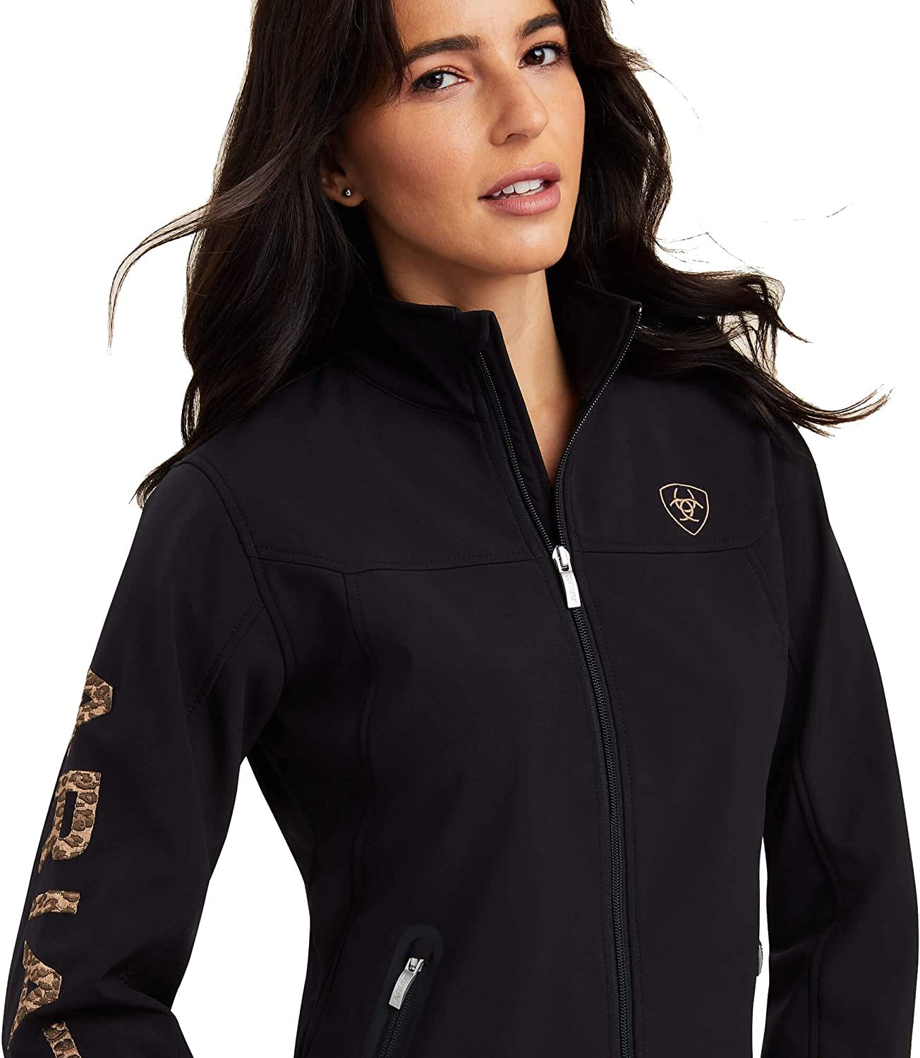 Front of Ariat Women's New Team Softshell Jacket in Black/Leopard