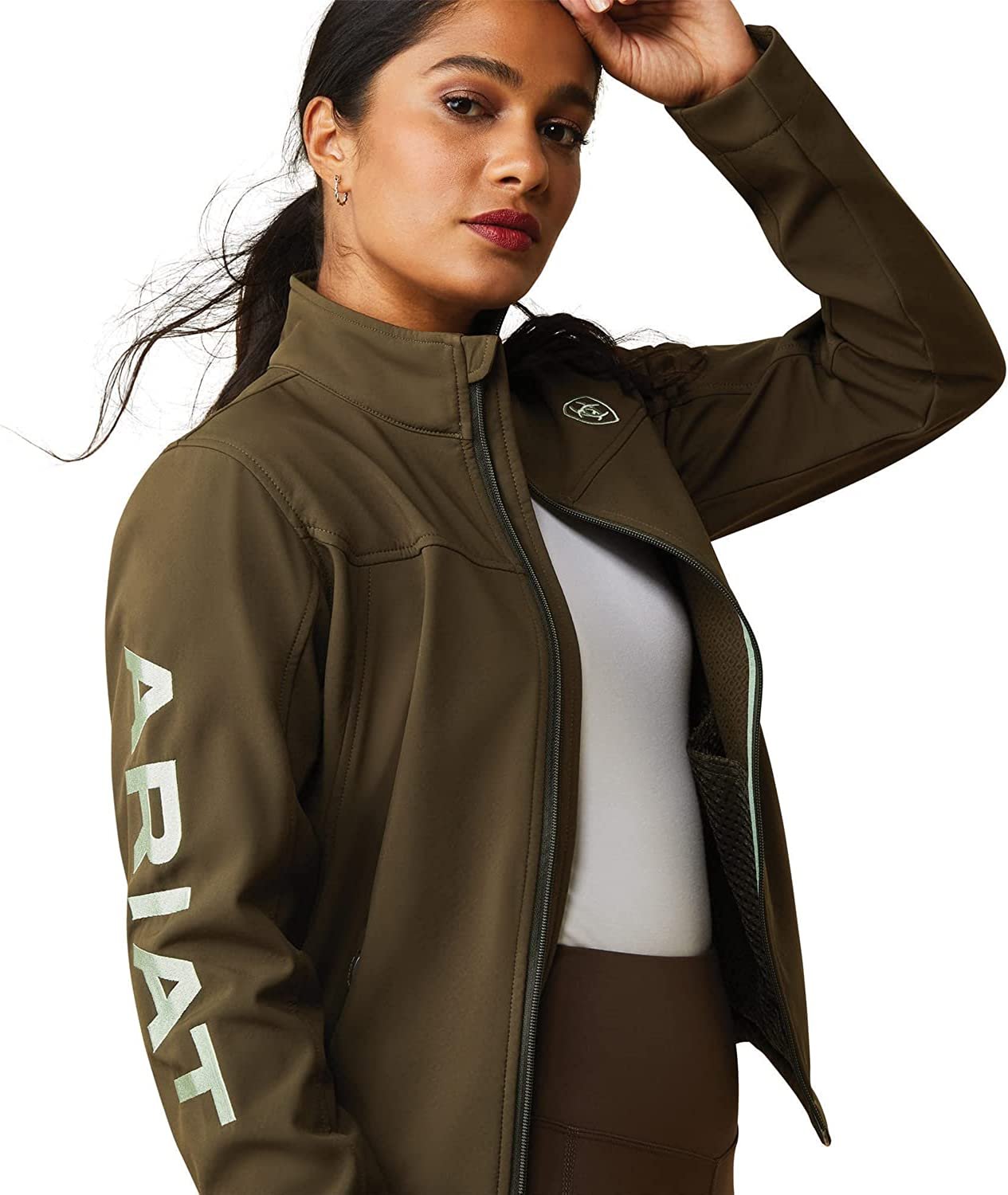 Front of Ariat Women's New Team Softshell Jacket in Relic Green