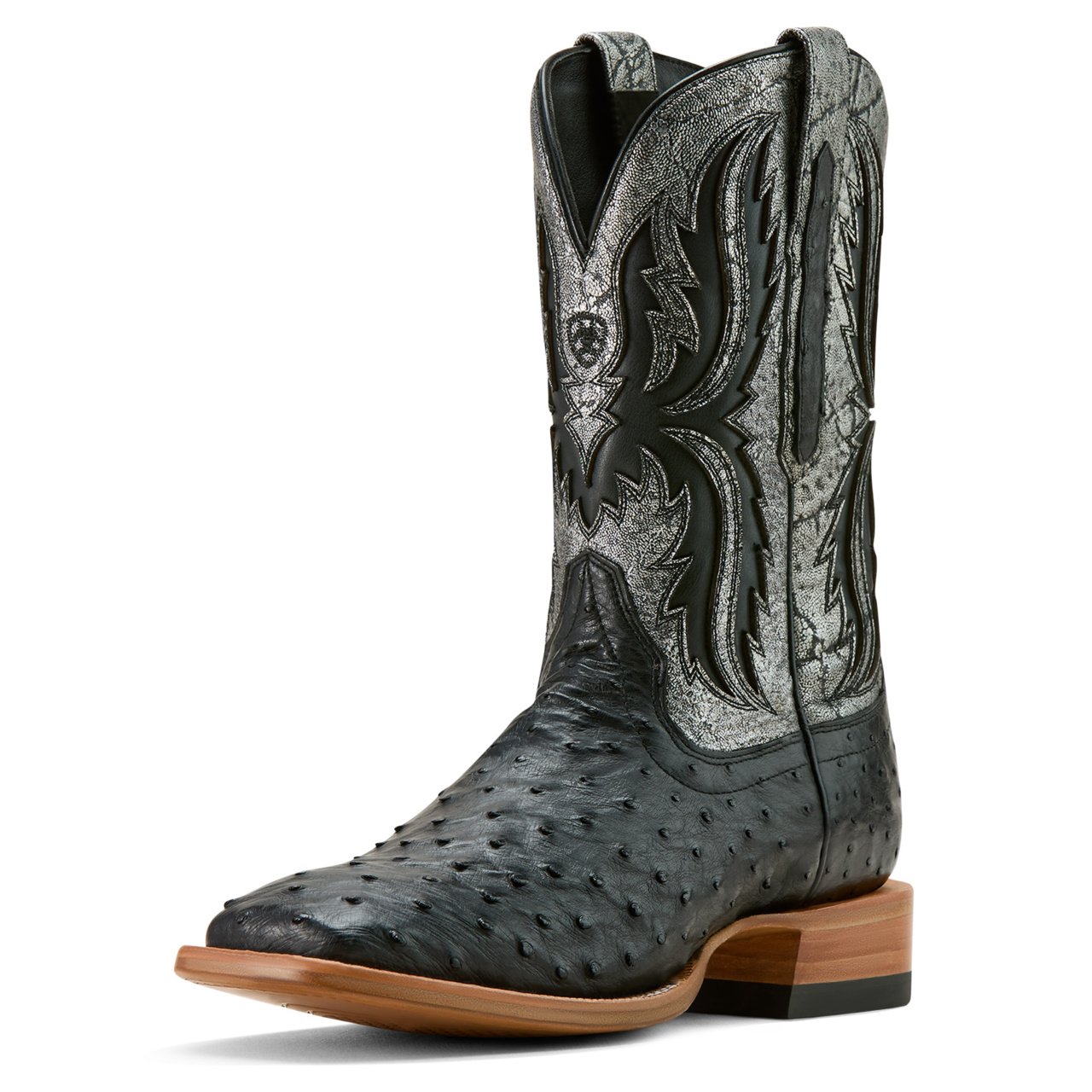 Front side view of Ariat Men's Drifter Wide Square Toe Cowboy Boot, Black Full Quill Ostrich