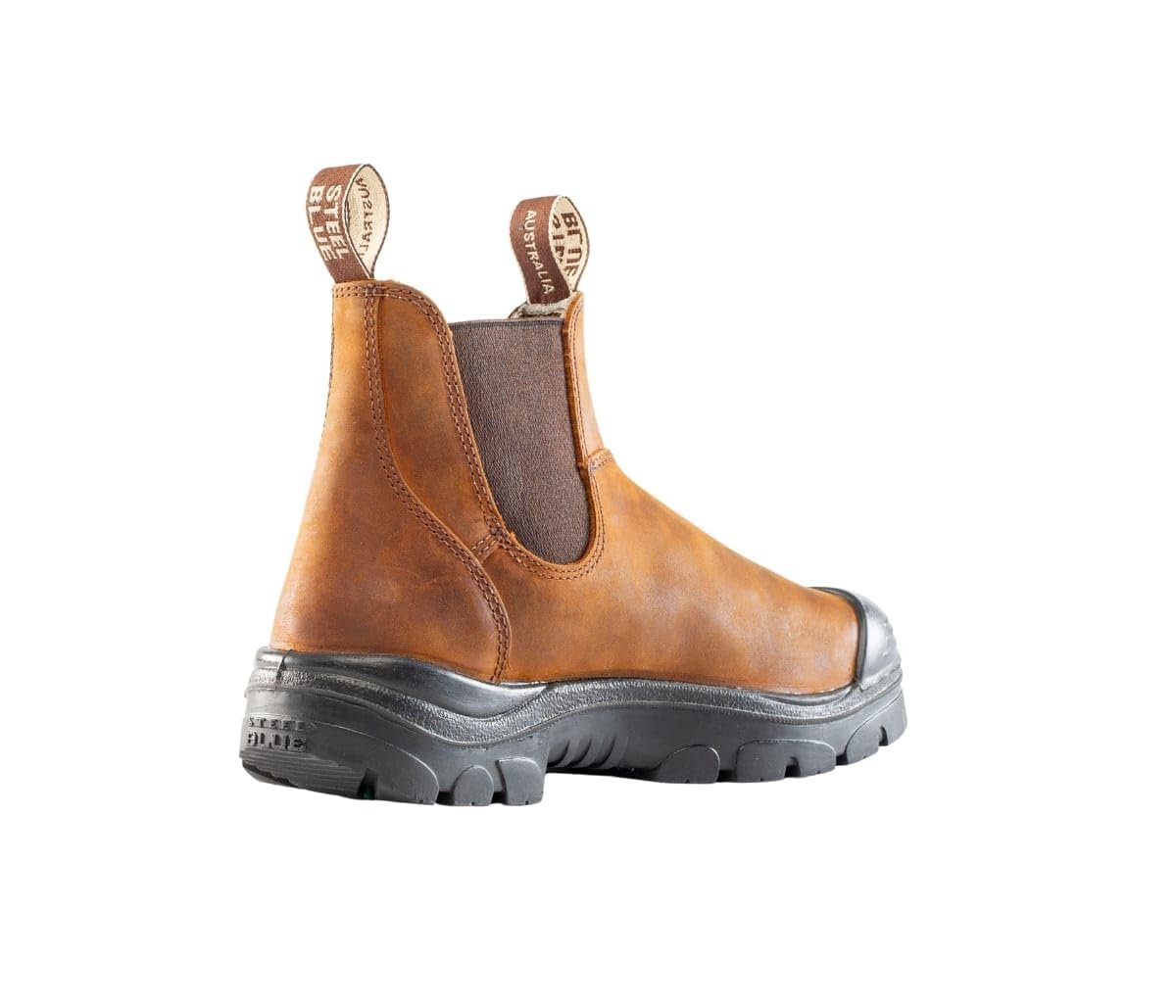 Angled Back View of Steel Blue Hobart PR Met: Bump Work Boot in Brown