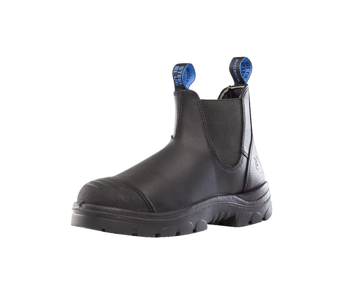 Front Angled View of Steel Blue Hobart: Scuff Cap Work Boot in Black