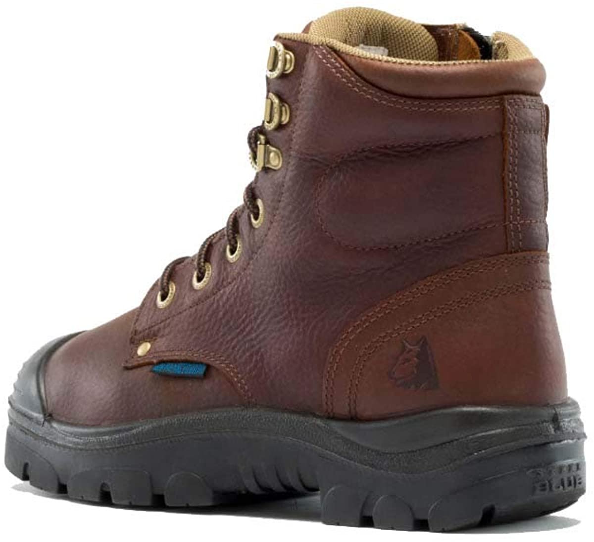 Side of Steel Blue Argyle Zip: Met / PR Midsole / Bump Cap Work Boot in Oak