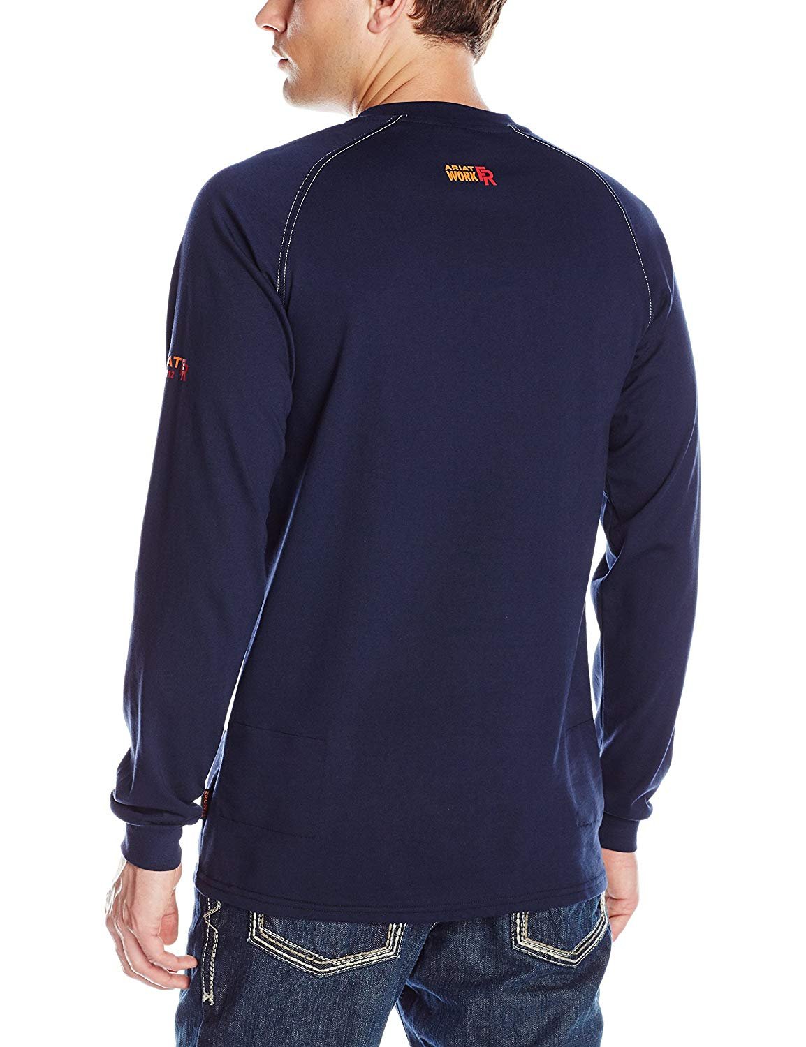 Back of Ariat Men's FR Air Henley Long Sleeve Shirt in Navy