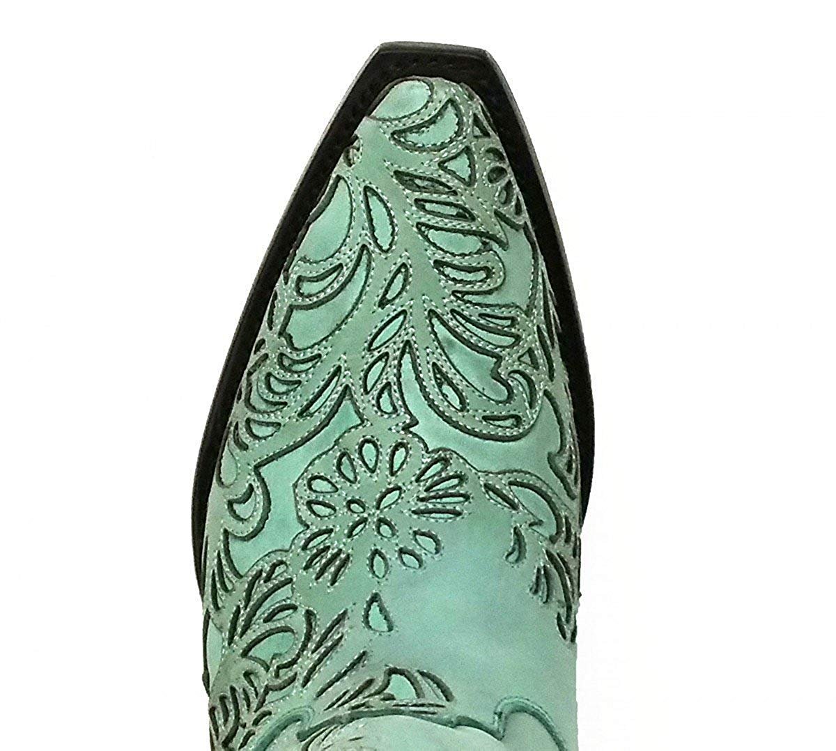 Close-up of Corral Boots Women's Turquoise Snip Toe Embroidered Western Boot Toe Box