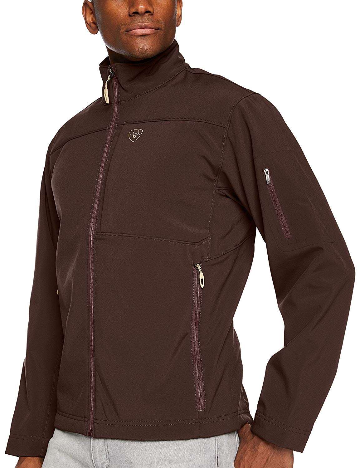 Front Angled View of Ariat Men's Vernon 2.0 Softshell Jacket in Espresso