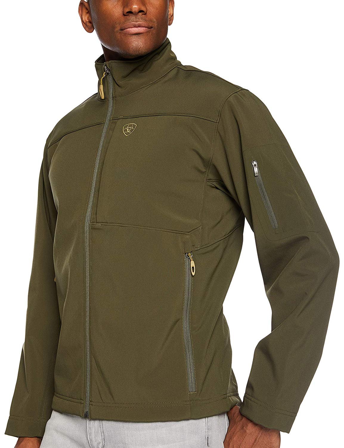 Front Angled View of Ariat Men's Vernon 2.0 Softshell Jacket in Brine Olive