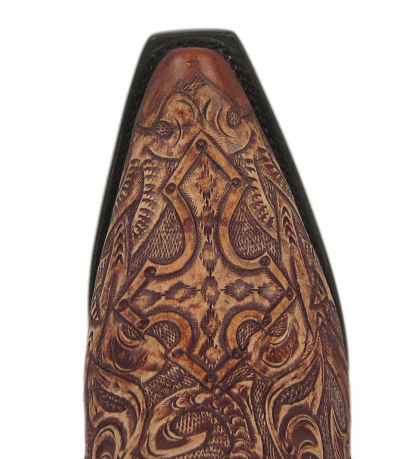Close-up of Corral Boots Brown Tooled Snip Toe Western Boot Toe Box