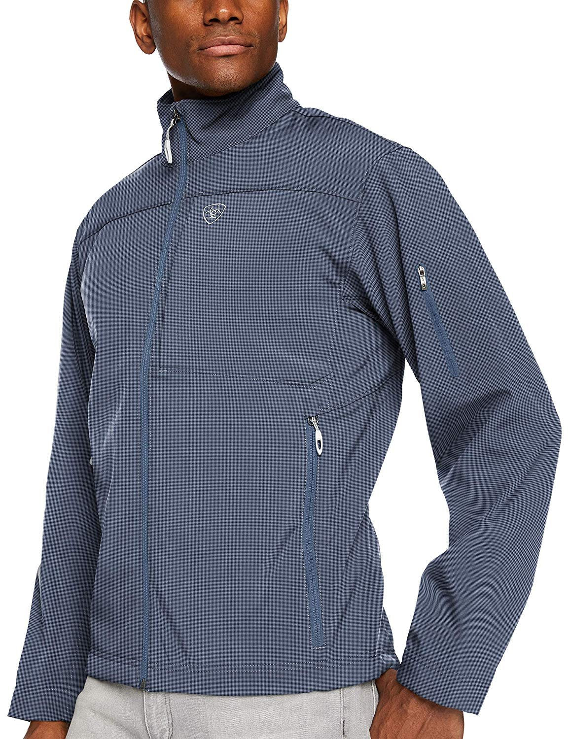 Front Angled View of Ariat Men's Vernon 2.0 Softshell Jacket in Navy Grid
