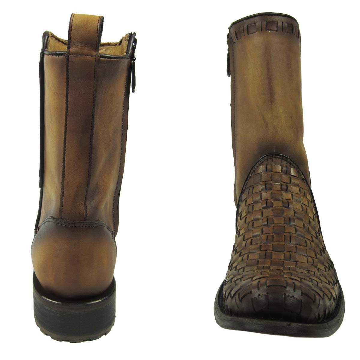 Front and Back of Cuadra Men's Urban Woven Almond Bovine Leather Round Toe Ankle Cowboy Boot