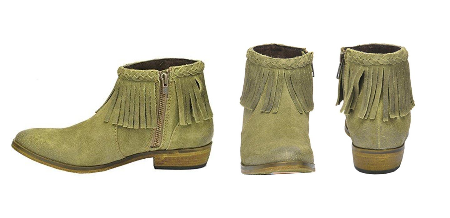 Side, Front and Back View of Corral Boots Women's Suede Fringe Round Toe Western Bootie