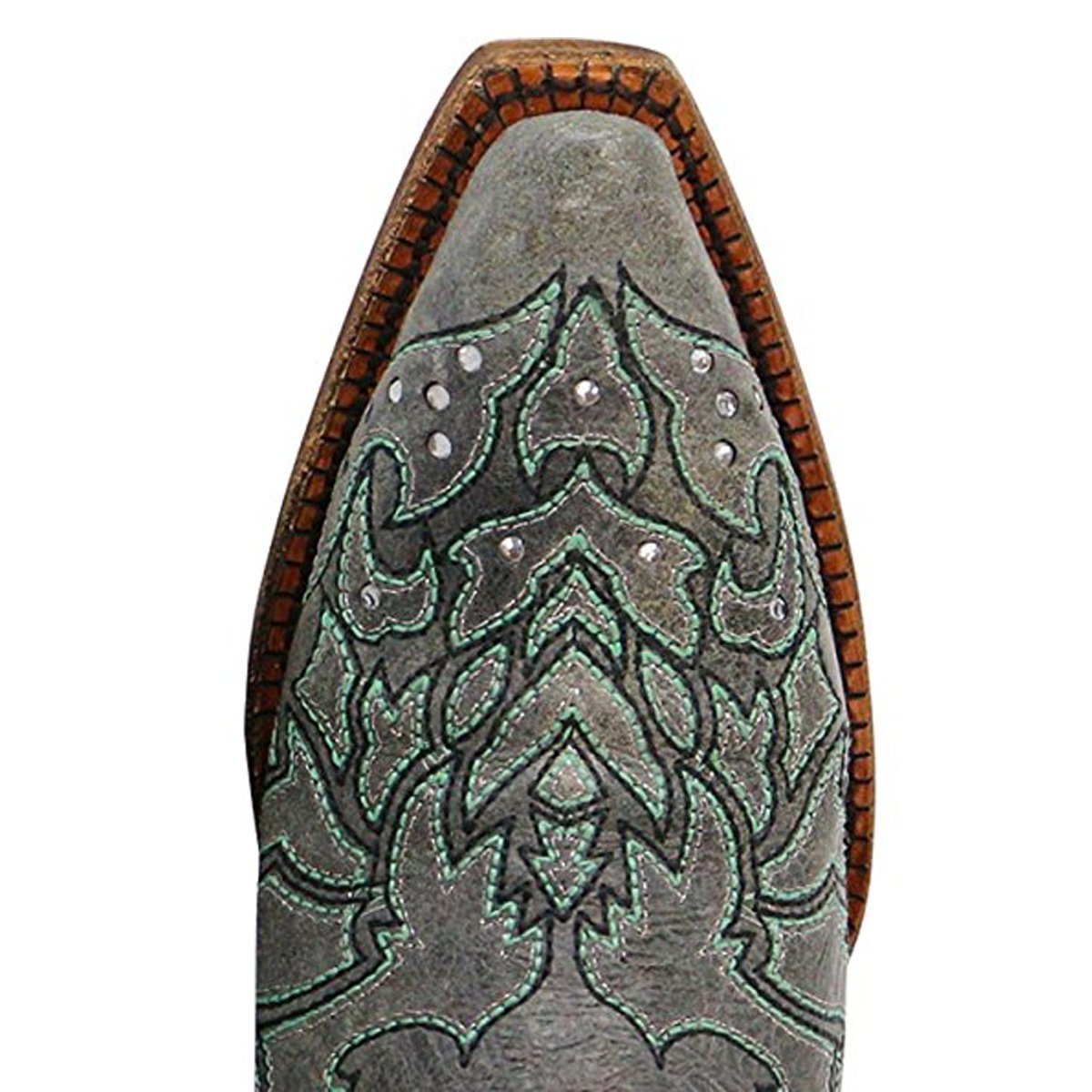Close-up of Toe Box of Corral Boots Women's Turquoise Embroidery Snip Toe Western Boot