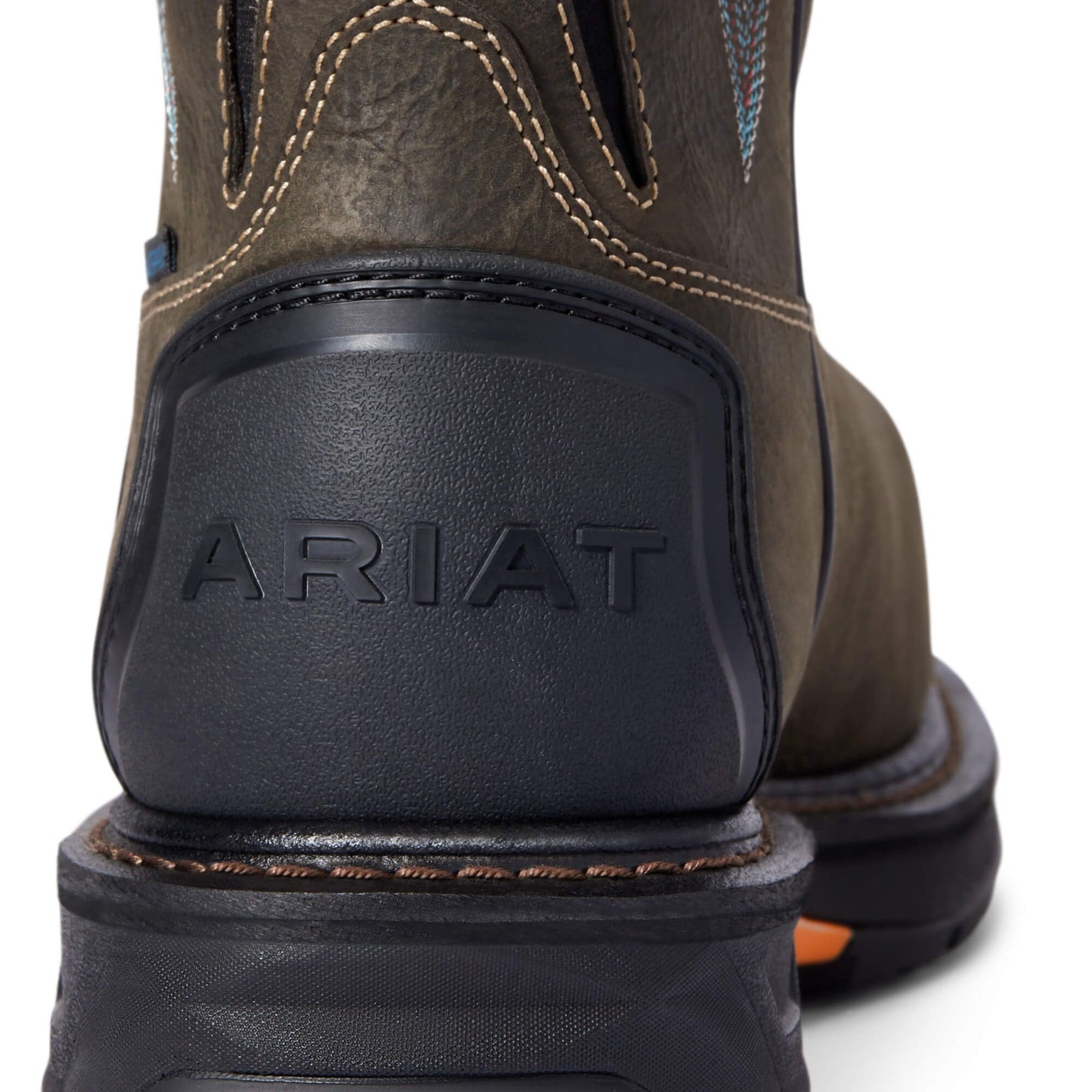 Close-up of Ariat Logo on Heel of Ariat Men's WorkHog XT Tumbleweed Waterproof Carbon Toe Work Boot