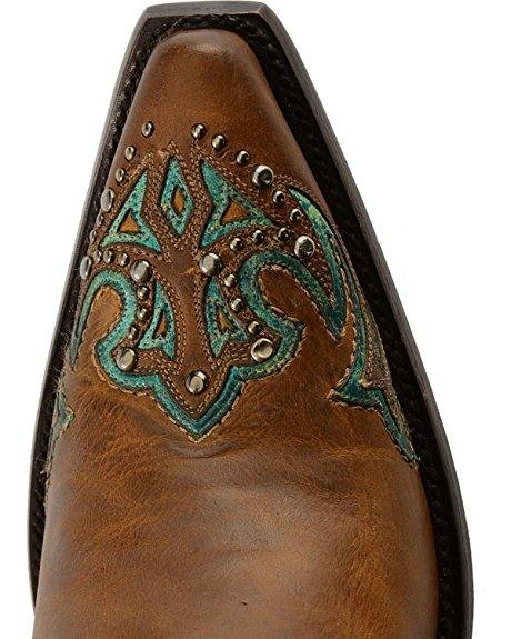 Close-up of Toe Box of Corral Boots Women's Turquoise Underlay Tall Snip Toe Western Boot