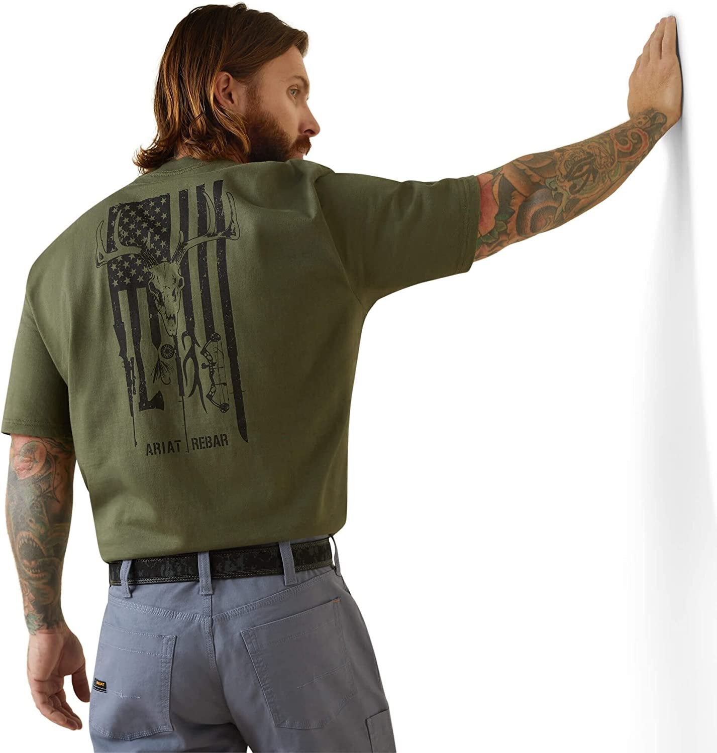 Back of Ariat Men's Rebar Cotton Strong American Outdoors T-Shirt in Beetle Green