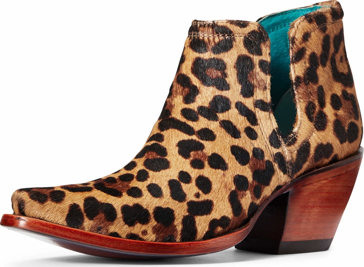 Front Angled View of Ariat Women's Dixon Haircalf Western Boot in Leopard Hair On
