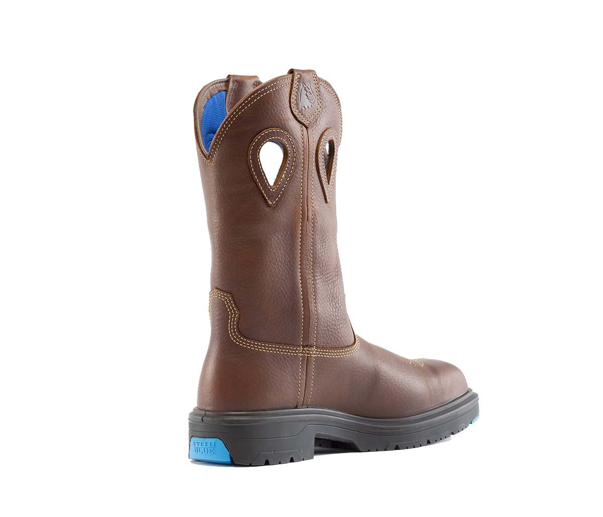 Angled Back View of Steel Blue - Blue Heeler Met Safety Boot in Brown