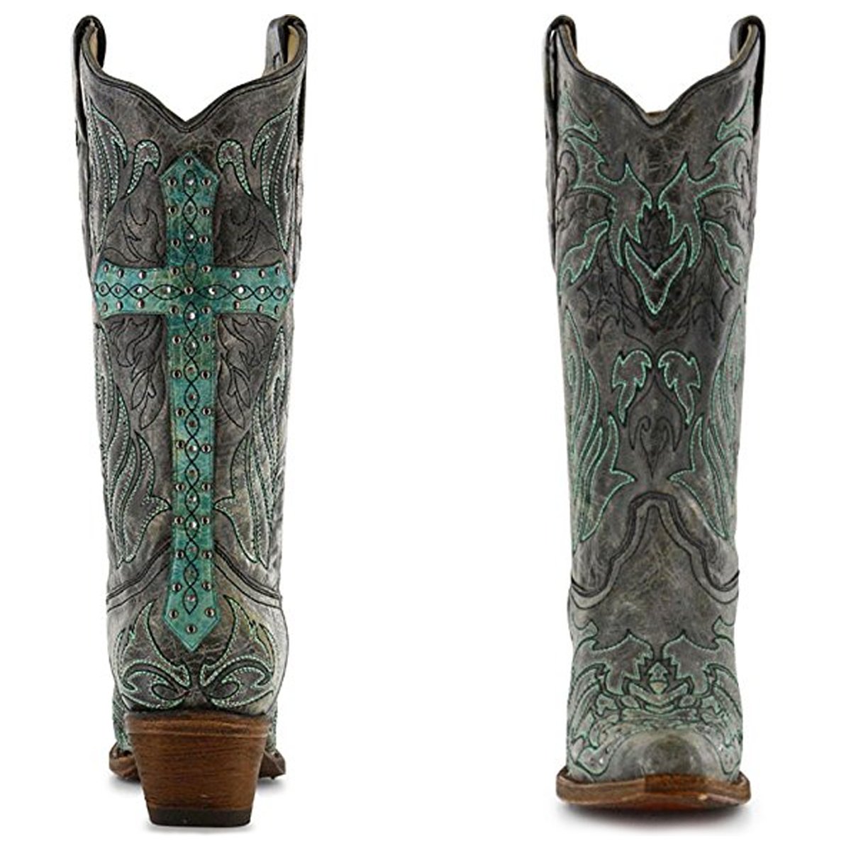 Front and Back Views of Corral Boots Women's Turquoise Embroidery Snip Toe Western Boot