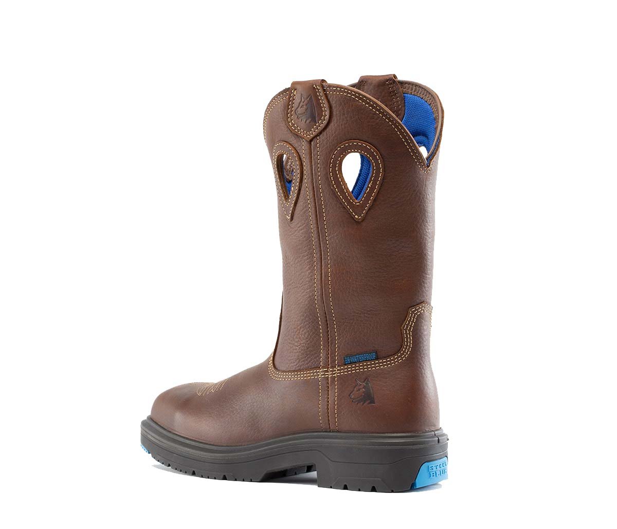 Angled Back View of Steel Blue - Blue Heeler Met Safety Boot in Brown