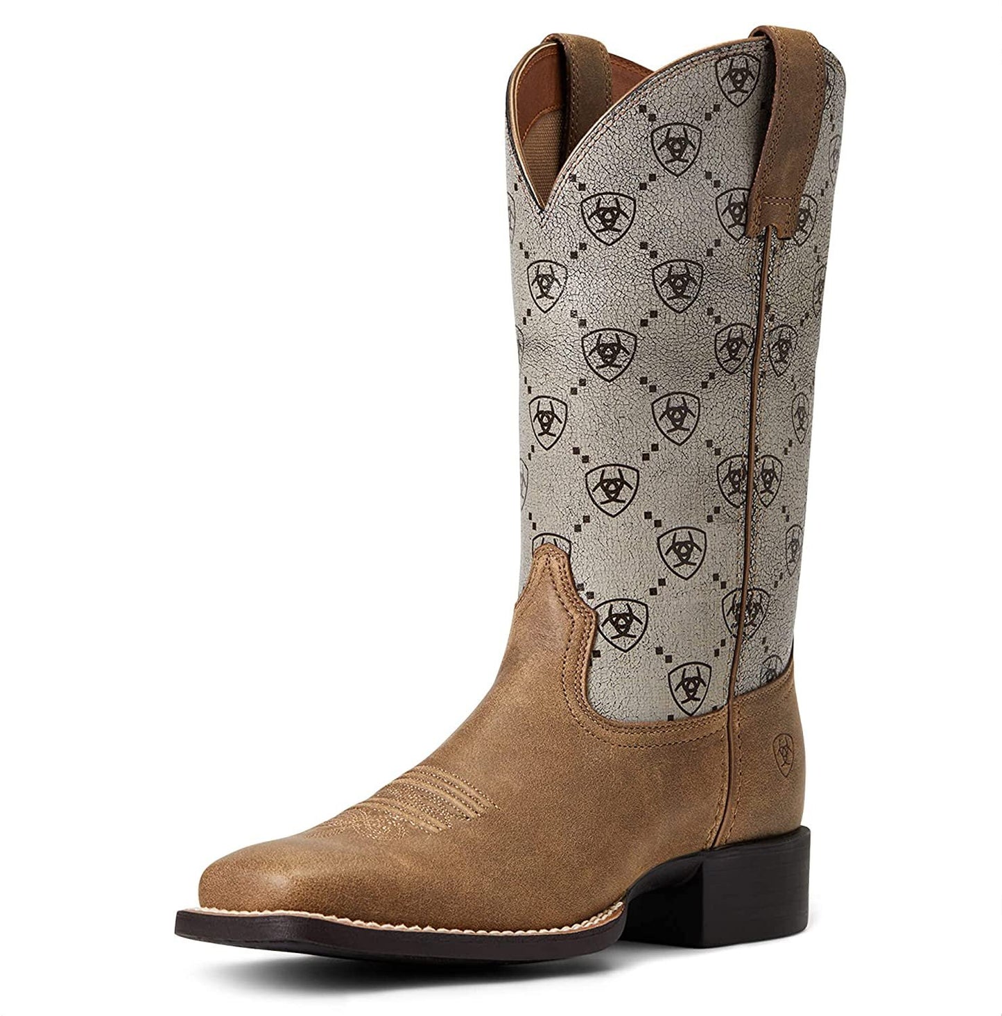 Front Angled View of Ariat Women's Round Up Wide Square Toe Western Boot in Brown Bomber