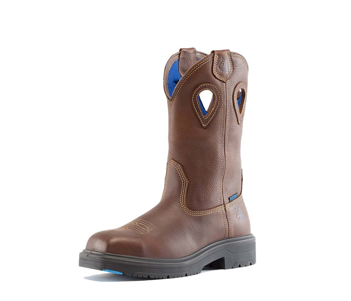 Angled Front View of Steel Blue - Blue Heeler Met Safety Boot in Brown