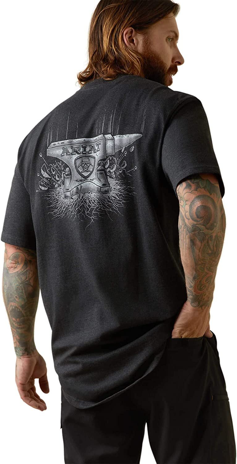 Back of Ariat Men's Rebar Cotton Strong Anvil Force T-Shirt in Charcoal Heather