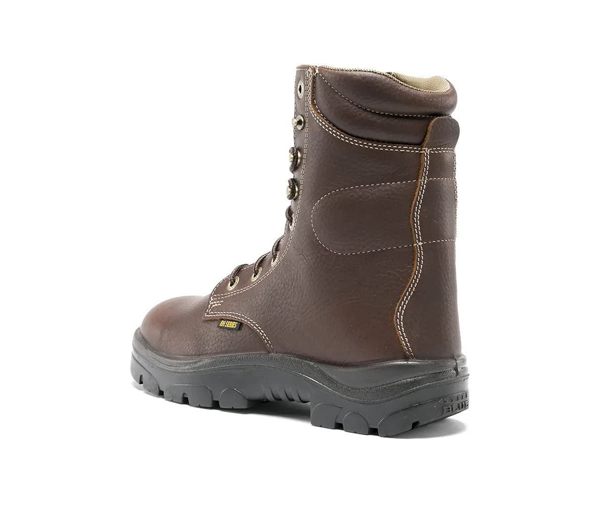 Angled Back View of Steel Blue Portland: Soft Toe Work Boot in Oak