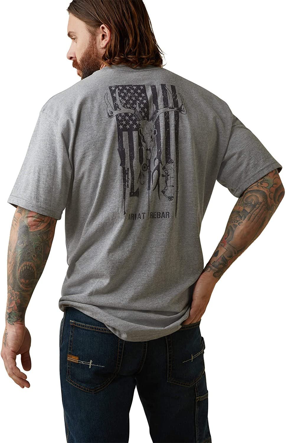 Back of Ariat Men's Rebar Cotton Strong American Outdoors T-Shirt in Heather Grey